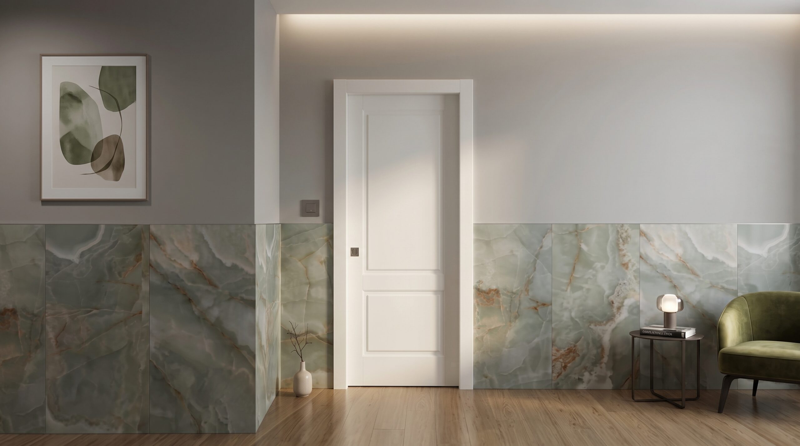 Contemporary security entrance door in brushed steel