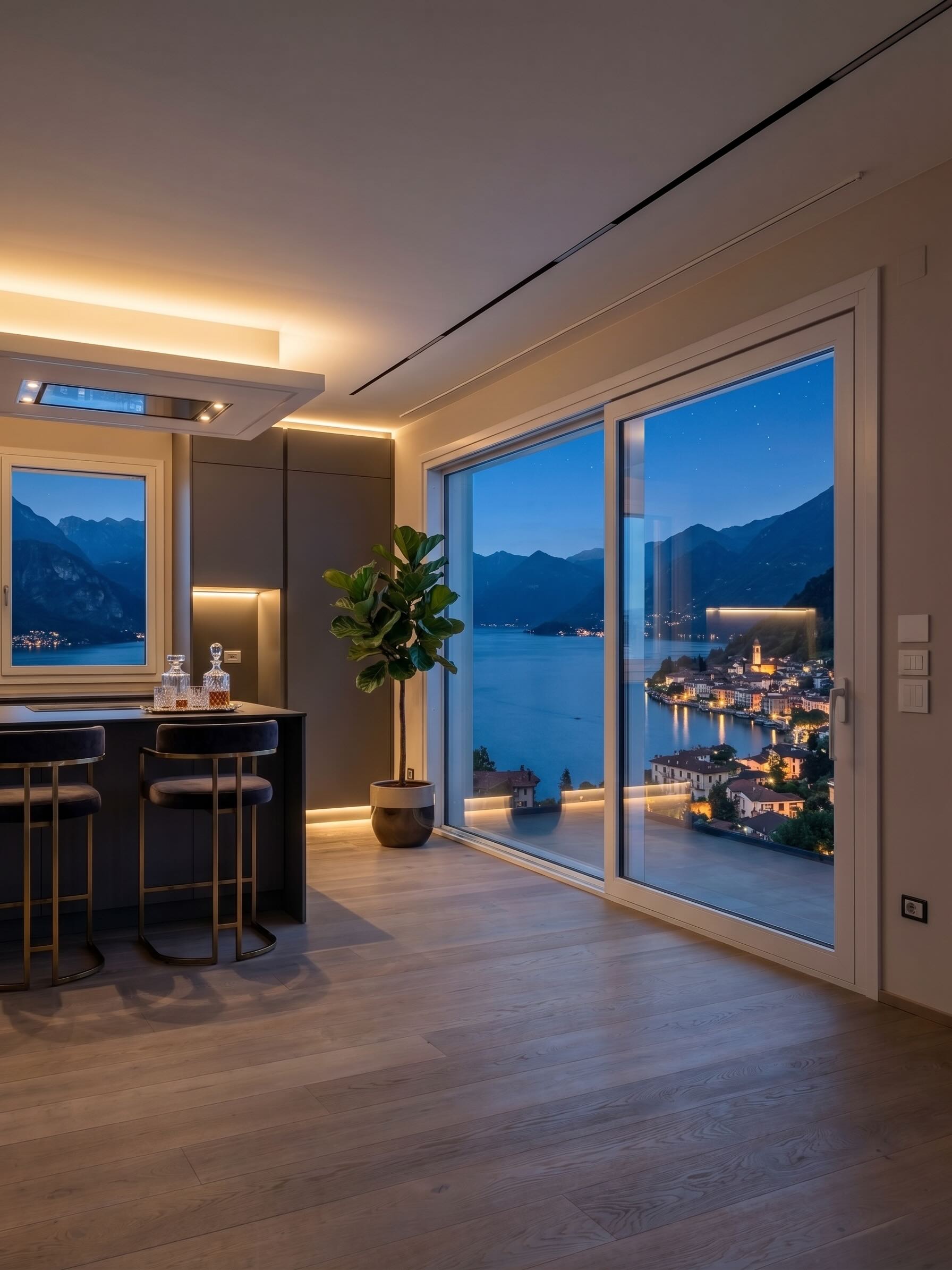 Large-scale sliding glass wall opening to an outdoor terrace